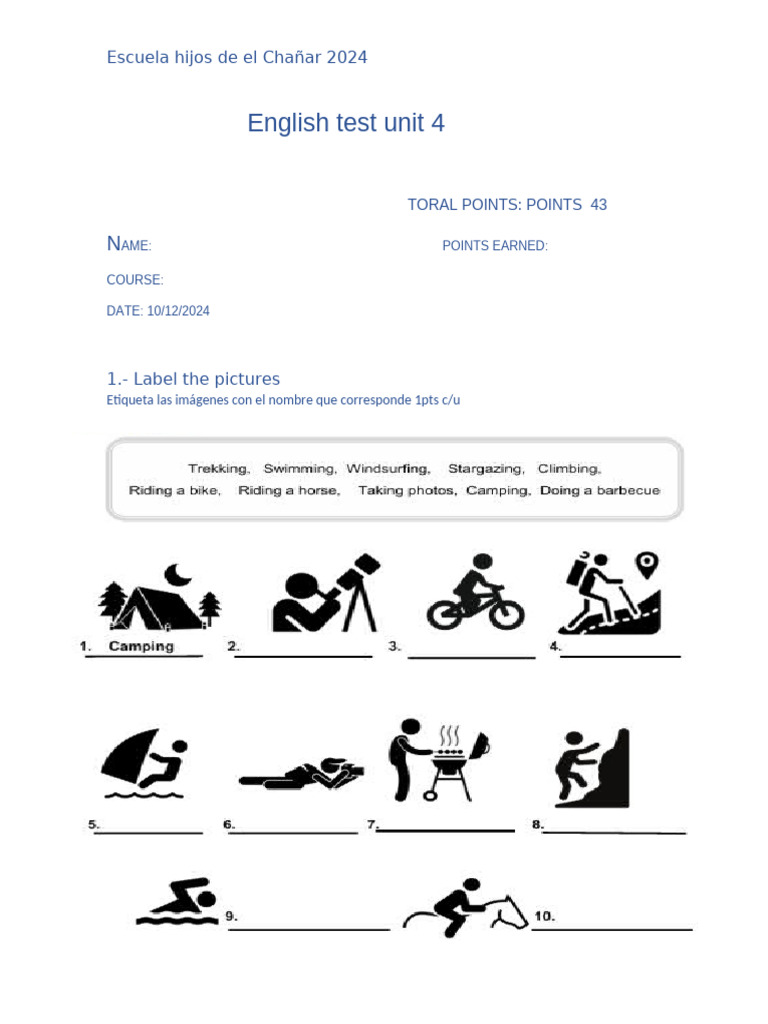 Prueba de inglés 2024 - Escuela Chañar | PDF