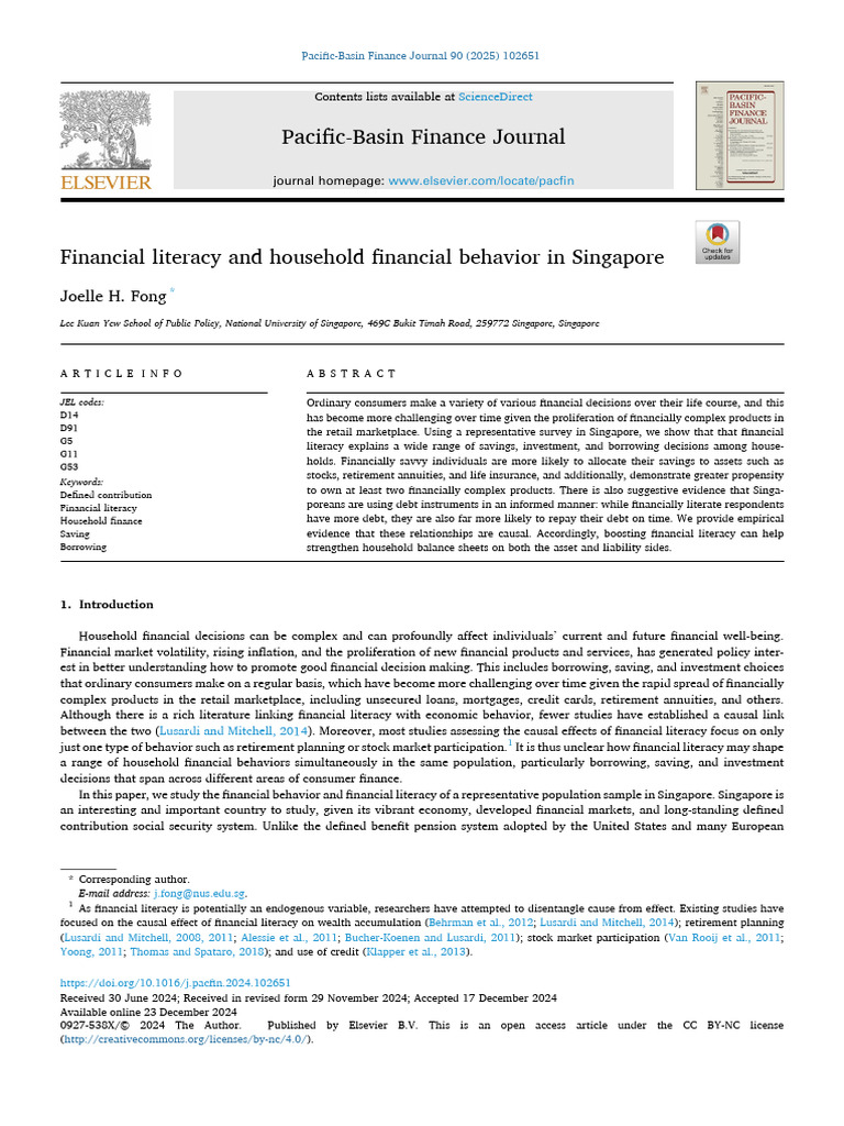 Financial Literacy and Household Behavior in Singapore | PDF ...