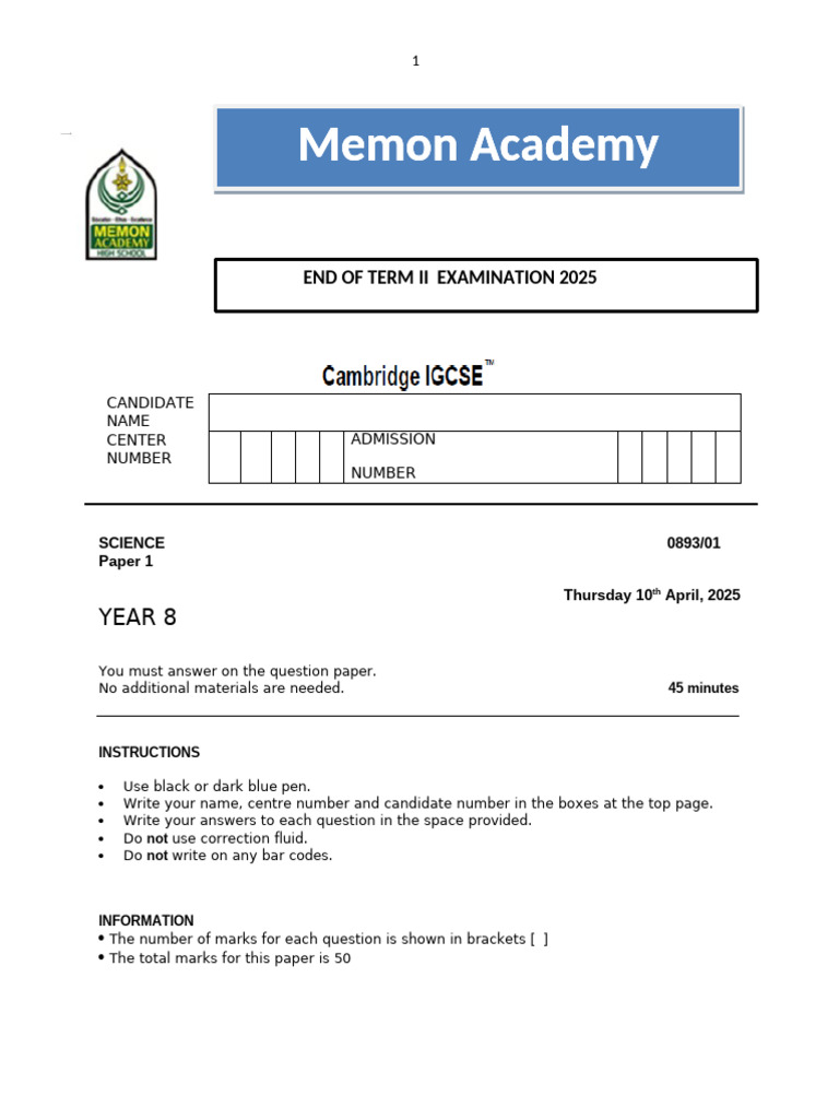 Year 8 Science Exam Paper 2025 | PDF | Atoms | Breathing