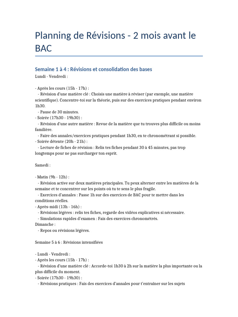 Planning de Révisions Bac - 2 Mois | PDF