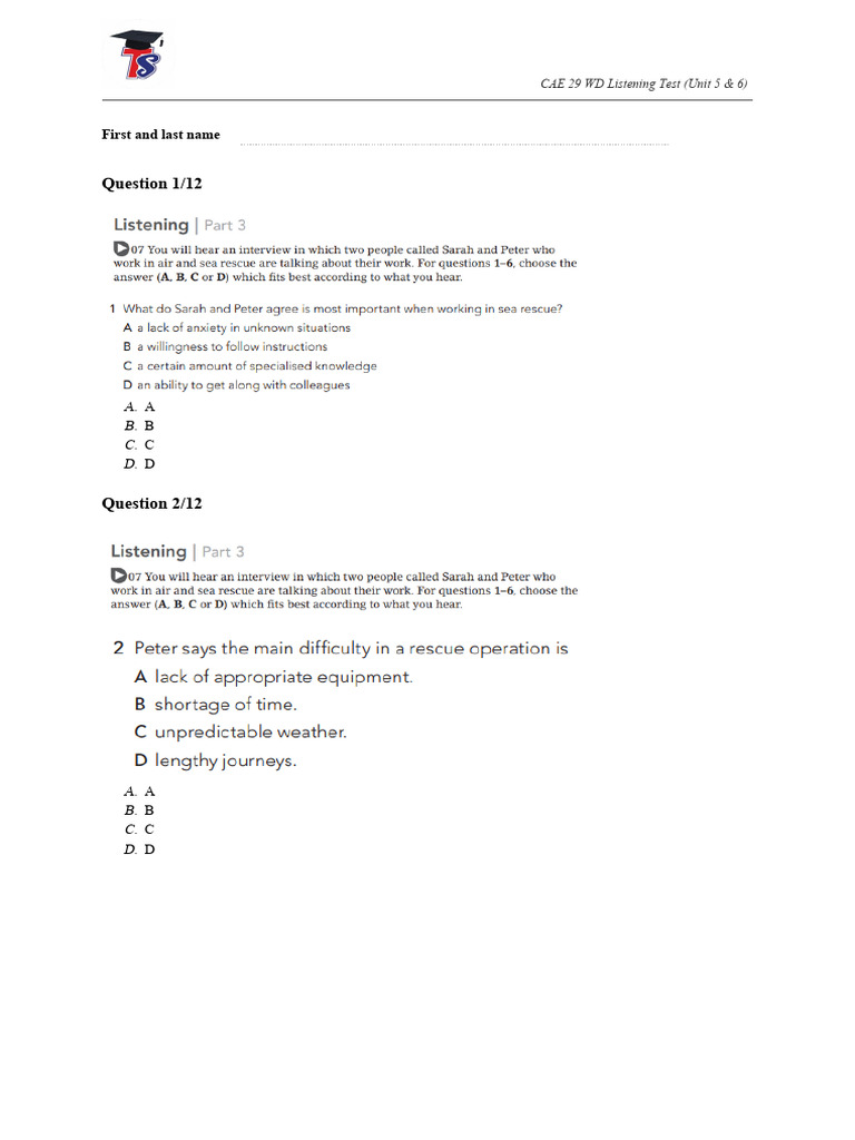 CAE 29 WD Listening Test (Unit 5 & 6) - Questions | PDF
