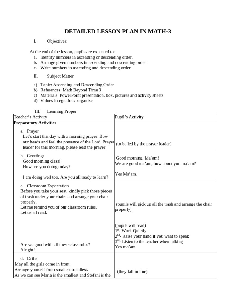 Math Lesson Plan: Order of Numbers | PDF | Lesson Plan | Learning