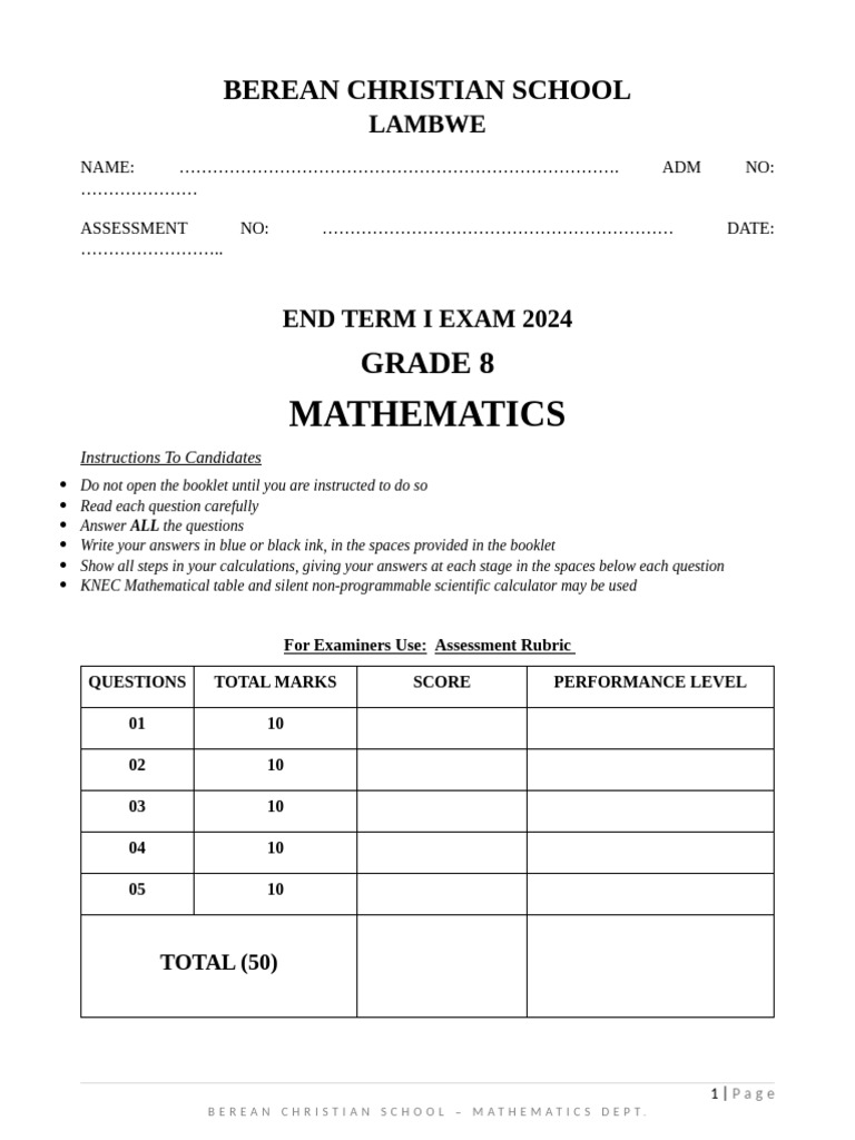 Grade 8 Mathematics End Term Exam 2024 | PDF | Mathematics