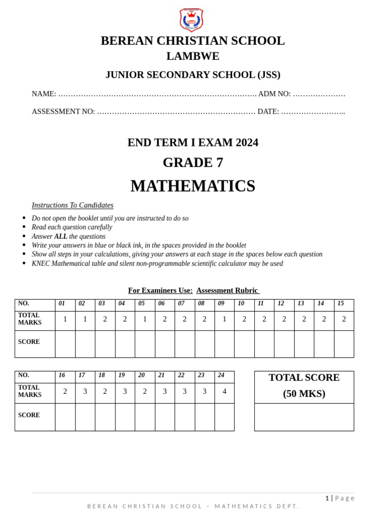Mathematics Grade 7 Exam | PDF | Mathematical Concepts | Discrete ...