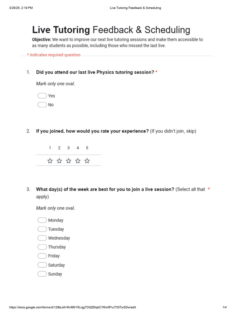 Live Tutoring Scheduling Feedback Form | PDF