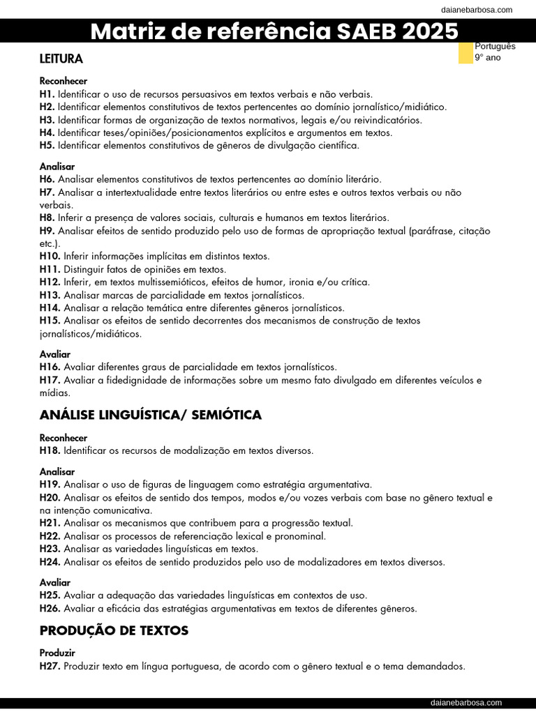 Matriz de Referência SAEB 2025: Português 9º Ano | PDF | Linguística ...