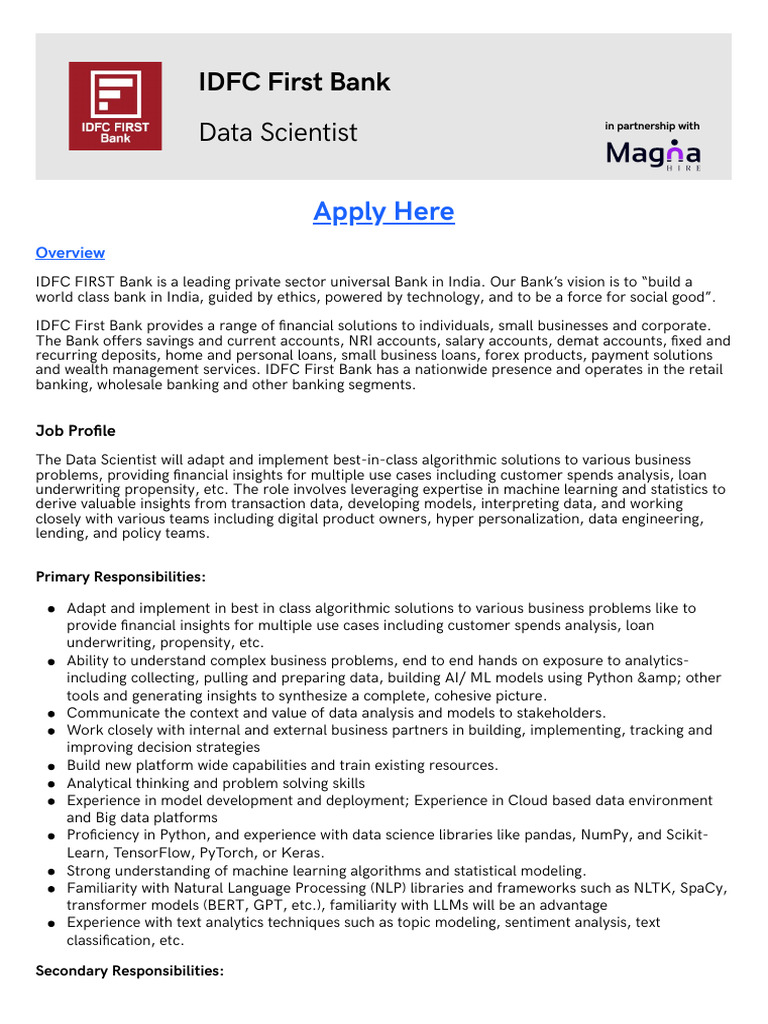 Data Scientist Role at IDFC First Bank | PDF | Analytics | Data Science