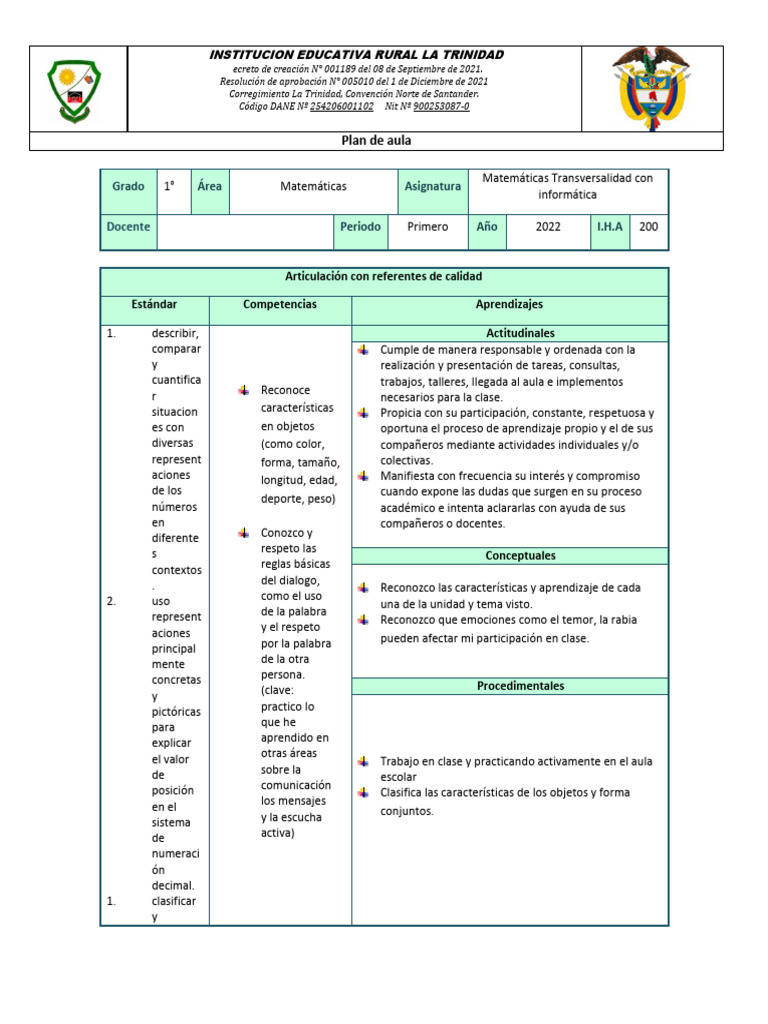 Plan de Aula de Matemáticas 1° Grado | PDF | Salón de clases | Aprendizaje