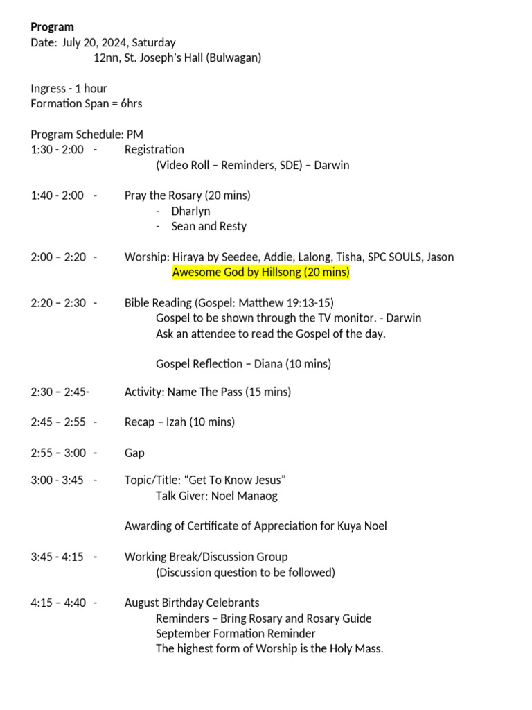 July 2024 Program Schedule Overview | PDF
