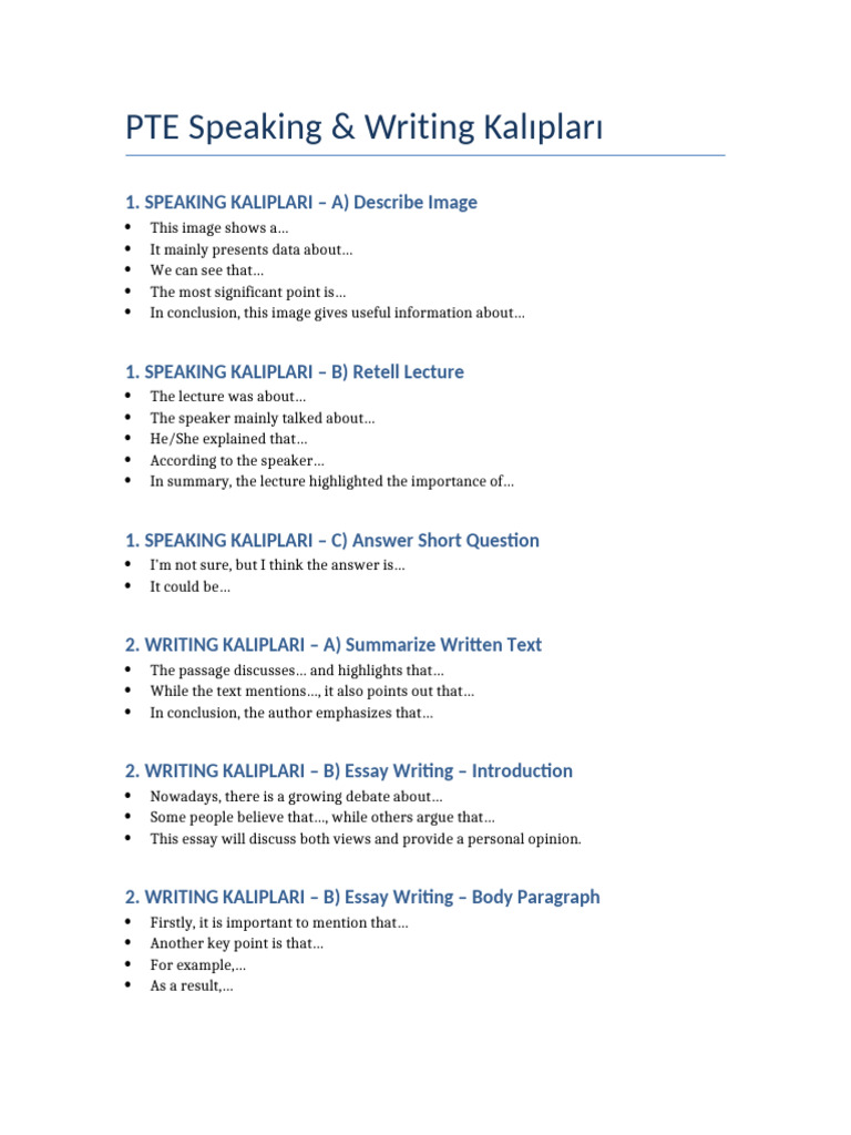 PTE Speaking & Writing Templates | PDF