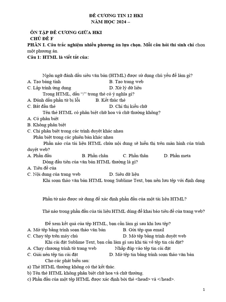 ĐỀ CƯƠNG TIN 12 HKI - HS | PDF