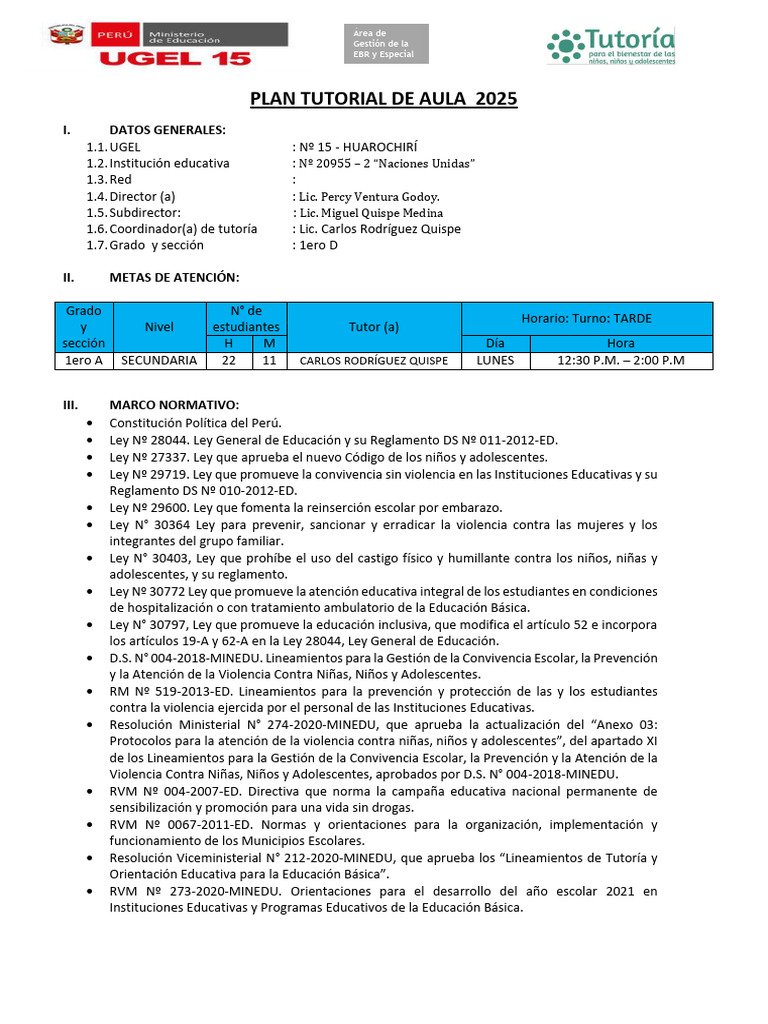 Plan Tutorial Aula 20955-2 2025 | PDF | Las emociones | Salón de clases