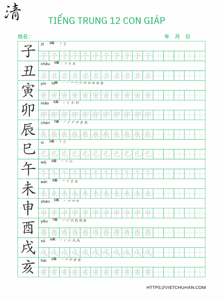 LUYỆN VIẾT CHỮ HÁN - 12 ĐỊA CHI | PDF