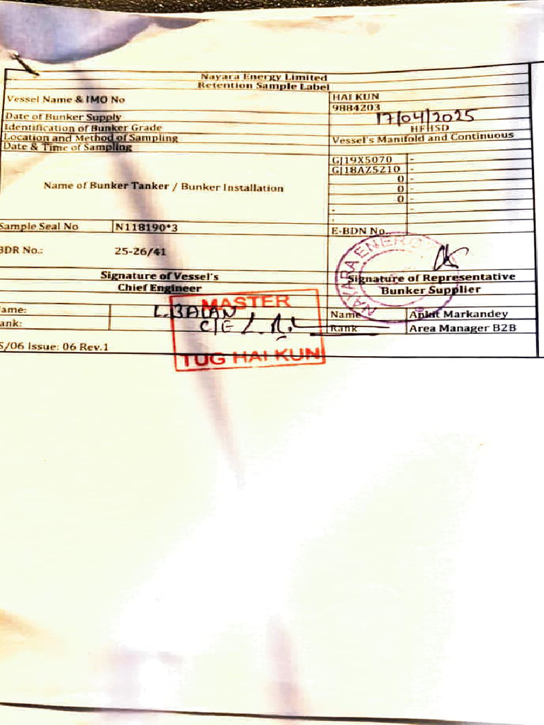 Bunker Delivery Note for TUG HAI KUN | PDF