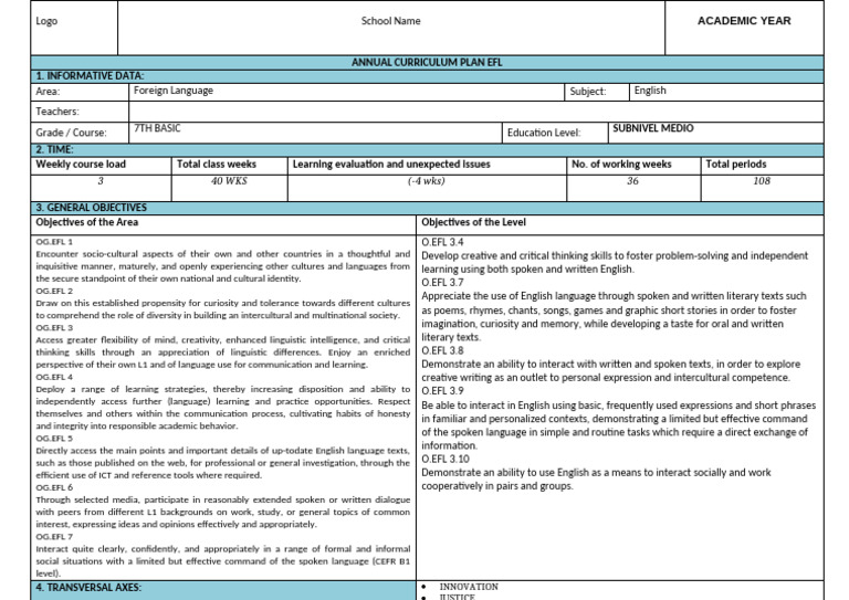Annual EFL Curriculum Plan for 7th Grade | PDF | Behavior Modification ...