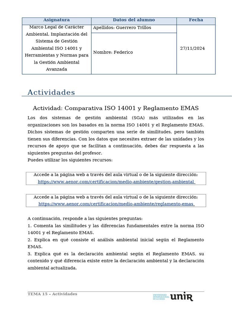 Comparativa ISO 14001 y EMAS | PDF | Business | Entorno natural