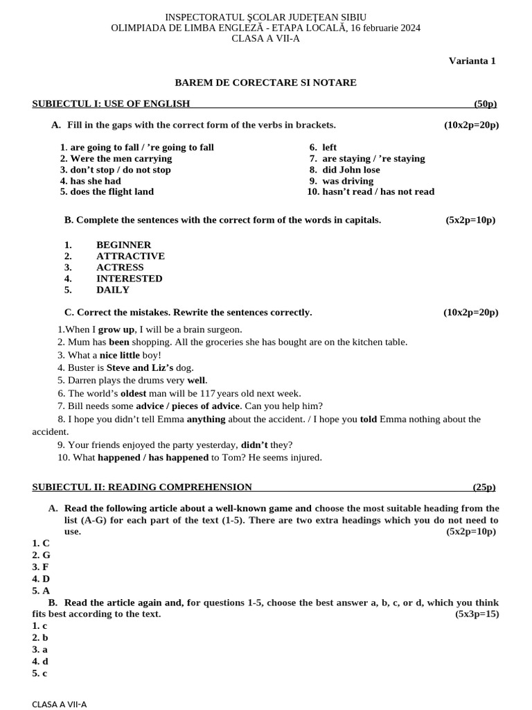 Barem Cls 7 Var. 1 Locală 2024 | PDF | Vocabulary | Writing