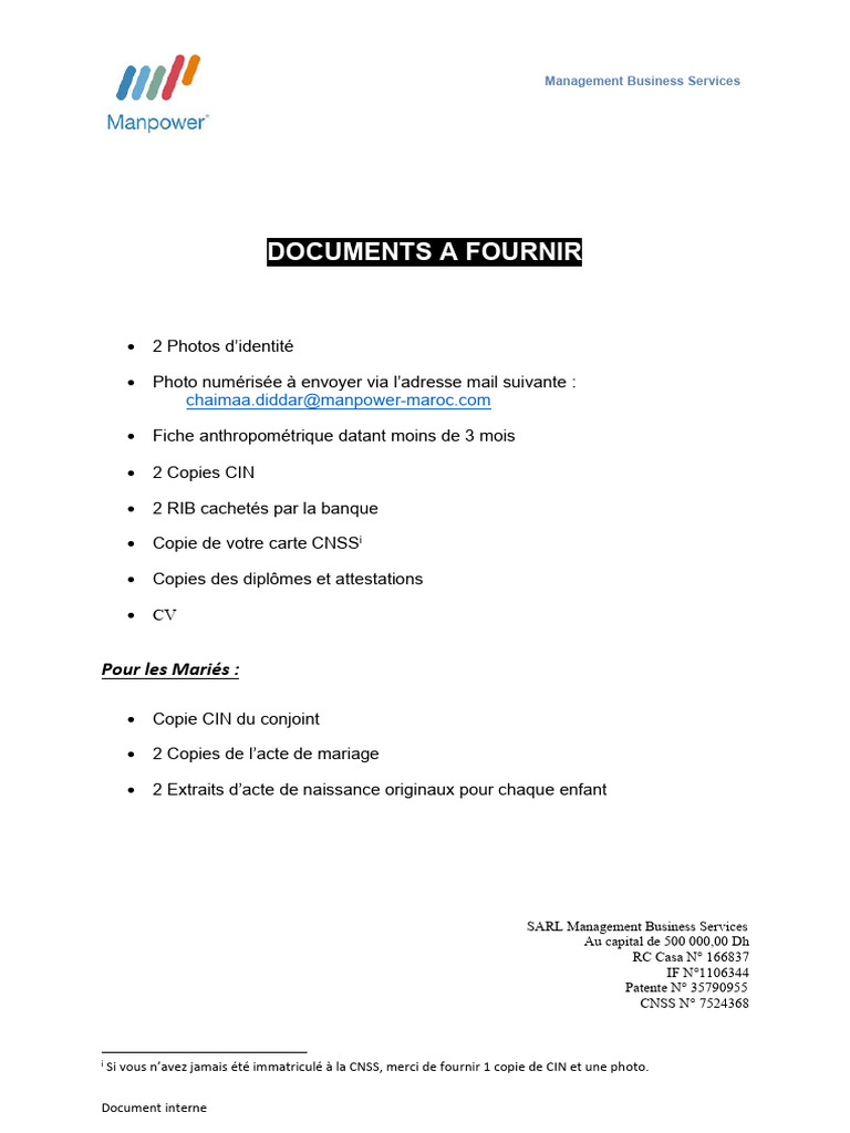 Documents requis pour la fiche anthropométrique | PDF