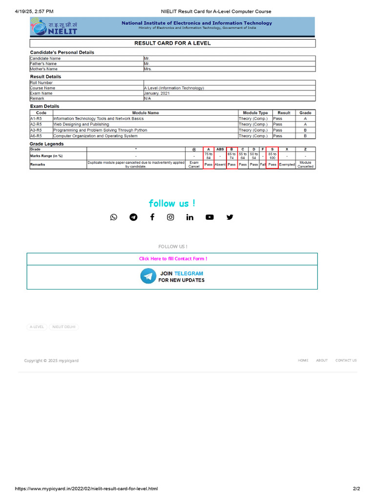 NIELIT Result Card For A-Level Computer Course | PDF