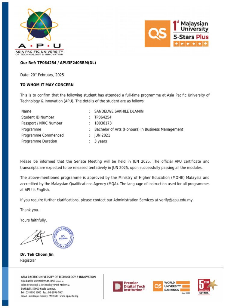 Attended Letter TP064254 APU | PDF