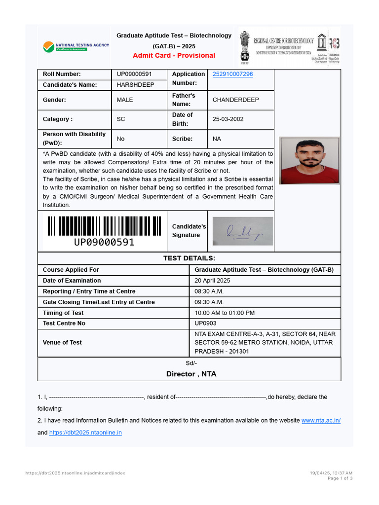 Graduate Aptitude Test of Biotechnology (GAT-B) | PDF | Identity Document