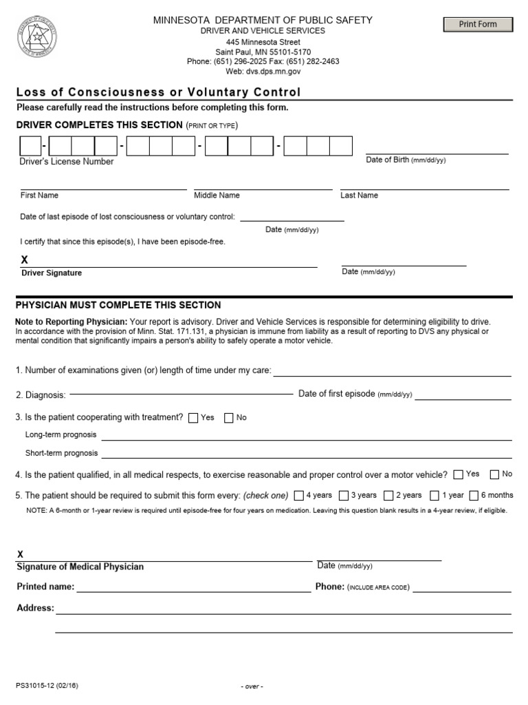 Minnesota Loss of Consciousness Form | PDF | Health Care | Medicine