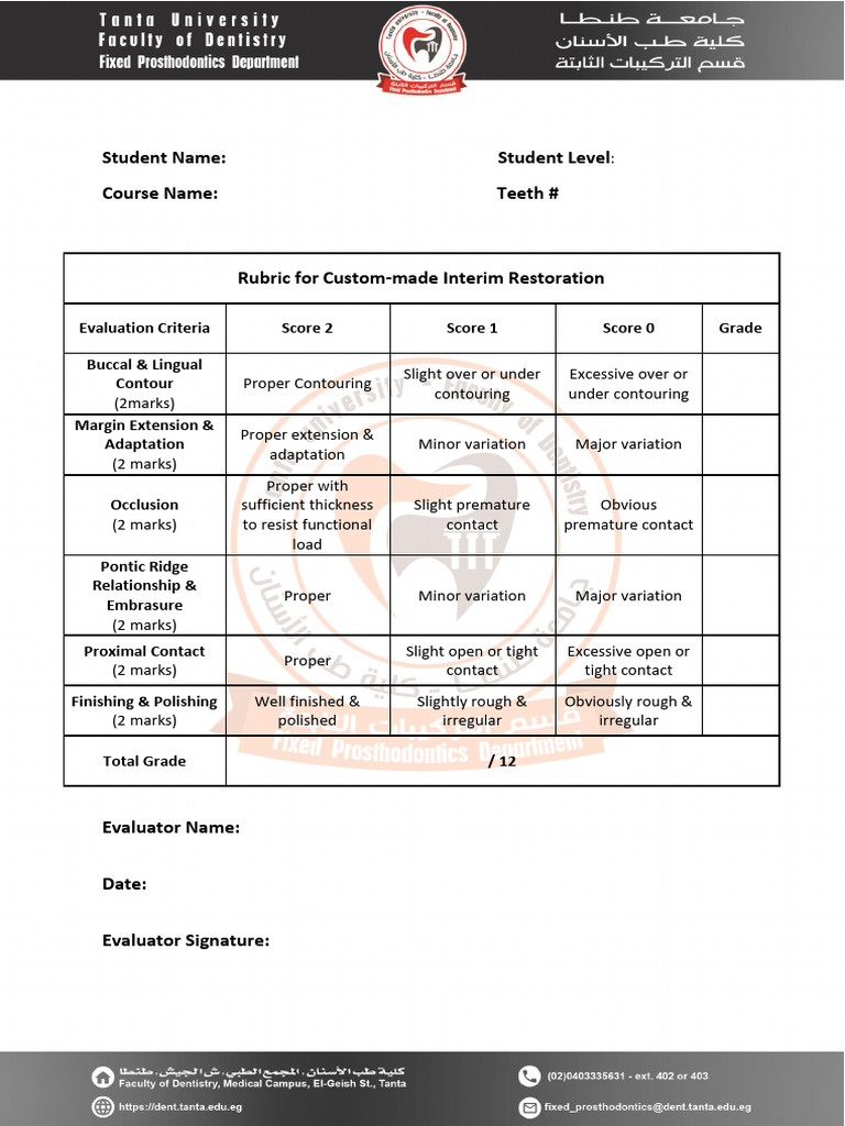 Custom Interim Restoration Evaluation Rubric | PDF