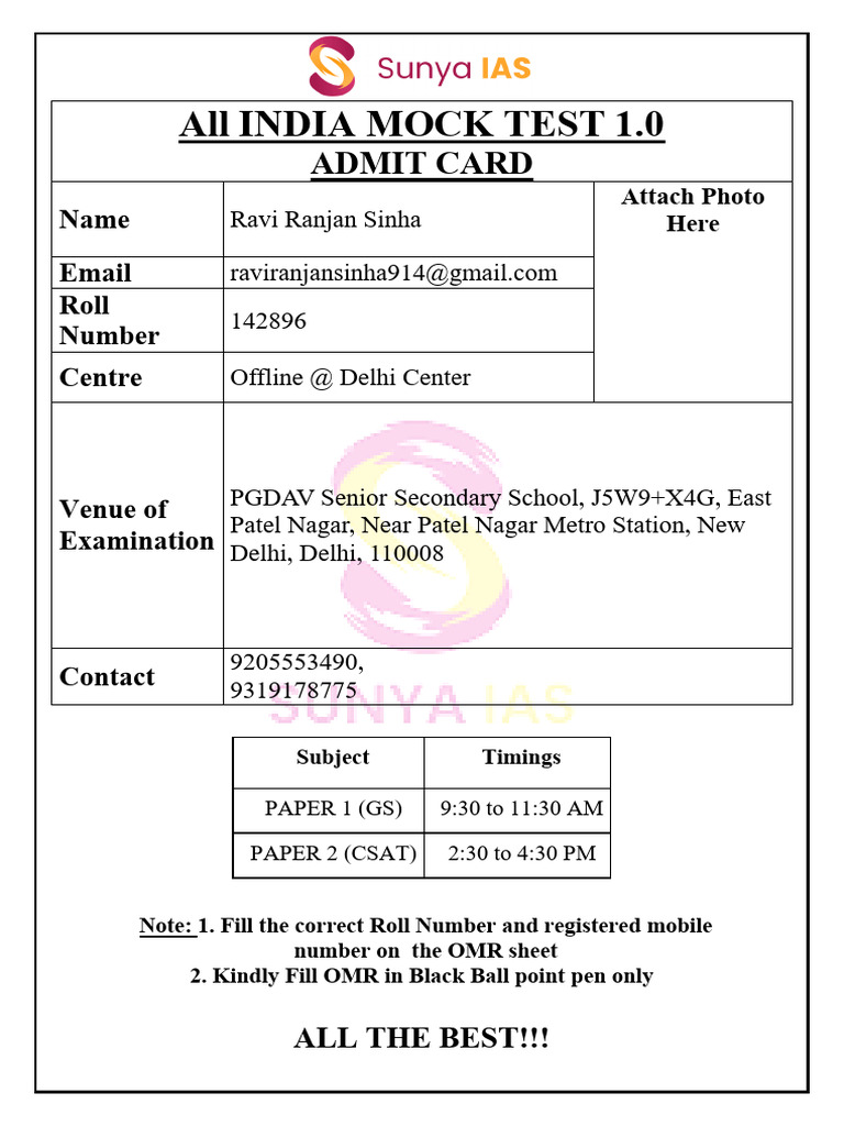 All India Mock Test Admit Cards-1899 | PDF