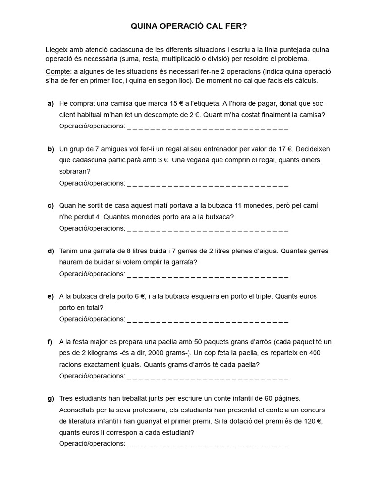 QUINA OPERACIÓ CAL FER (1r ESO) | PDF