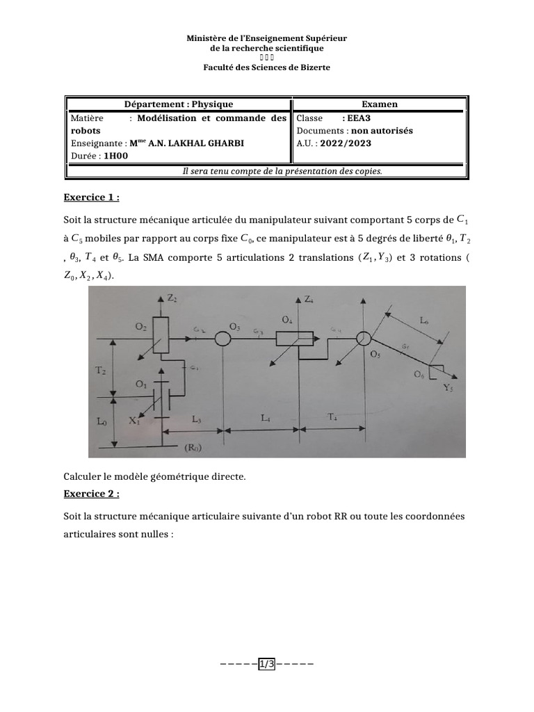Examen de Modélisation Robotique EEA3 | PDF | Équations | Physique