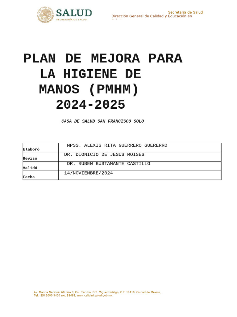Plan de Mejora para Higiene de Manos 2024-2025 | PDF | Lavado de manos ...