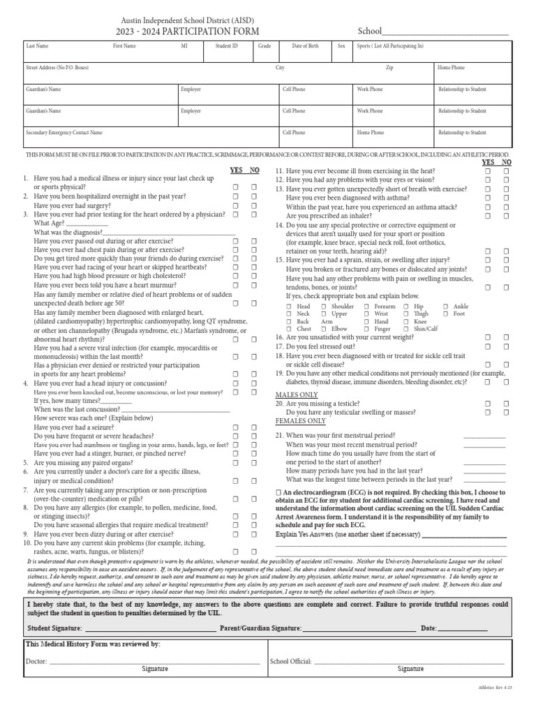 Austin ISD Sports Physical Form | PDF | Heart | Physical Examination