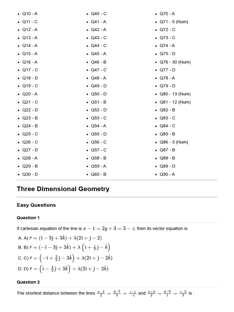 3D Geometry Questions and Solutions | PDF | Line (Geometry) | Angle