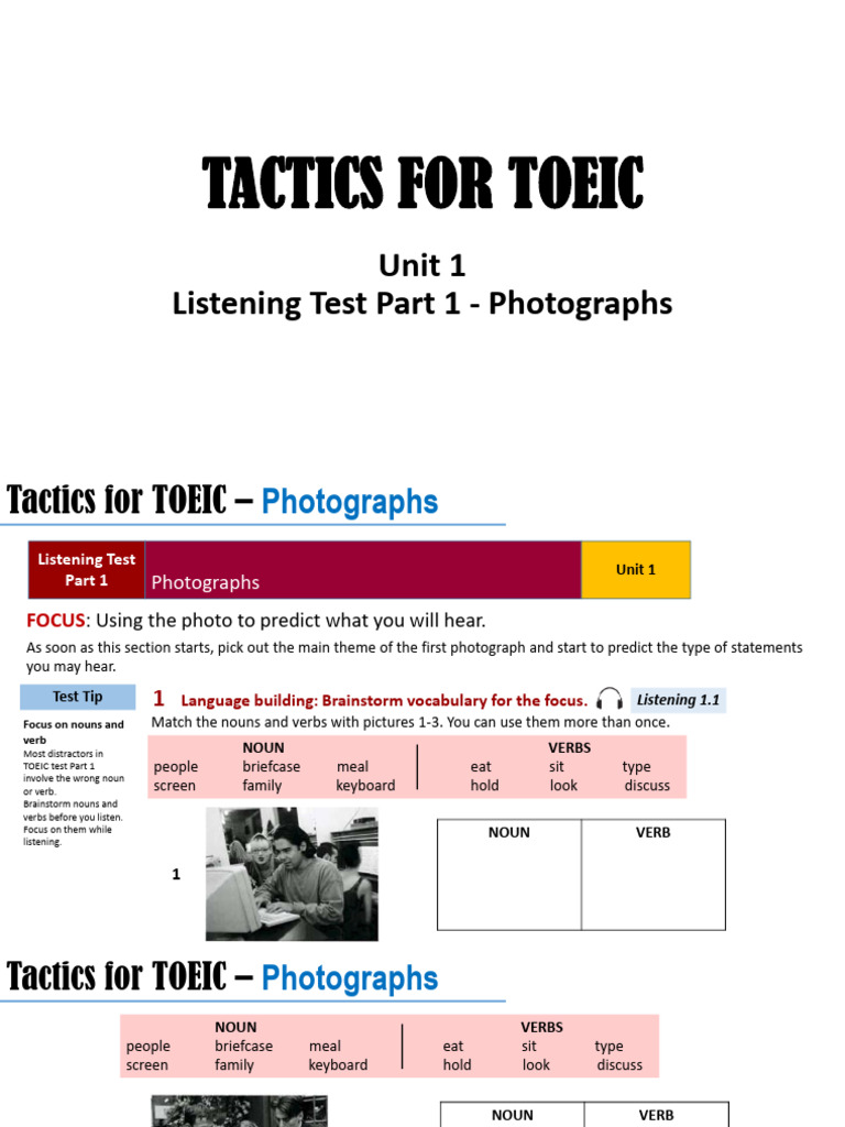 TOEIC Listening Part 1: Photo Tactics | PDF | Verb | English Language