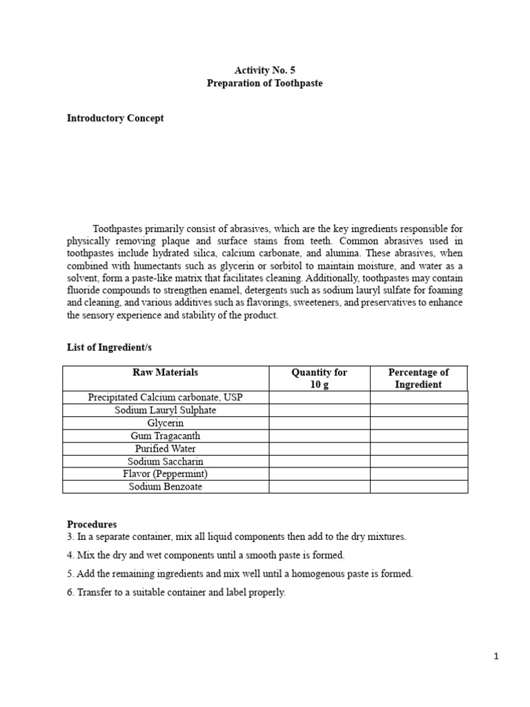 Toothpaste Preparation Guide | PDF | Materials | Chemical Substances