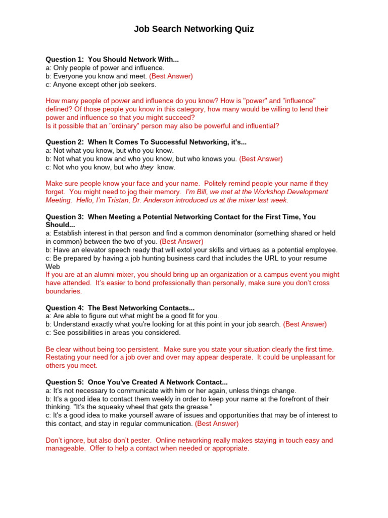 Job Search Networking Quiz | PDF | Résumé | Social Psychology