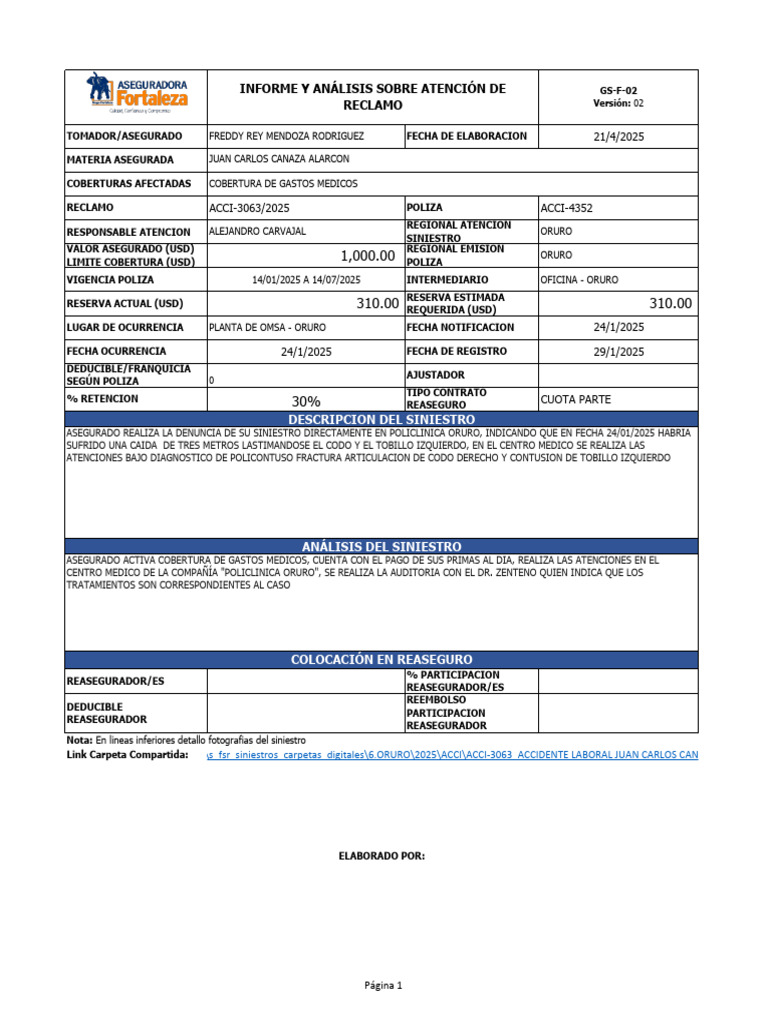 Informe de Analisis de Siniestro Acci-3063 | PDF | Póliza de seguros ...