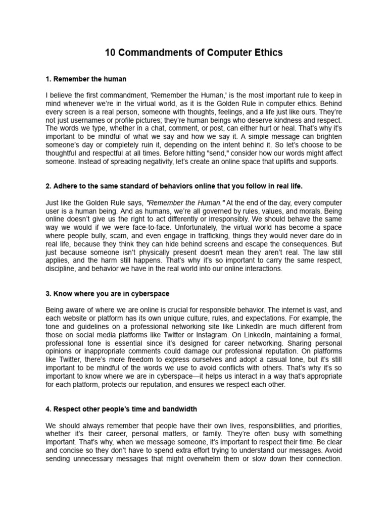 Computer Ethics: 10 Essential Rules | PDF | Virtual Reality