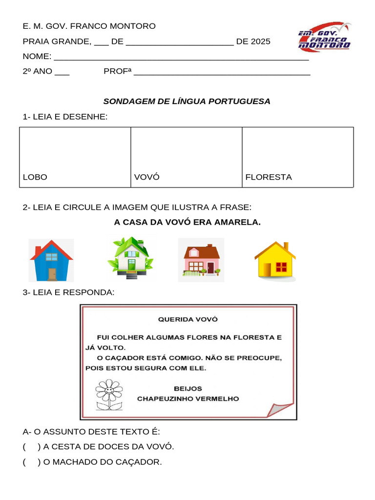 Sondagem de Português - 2º Ano | PDF