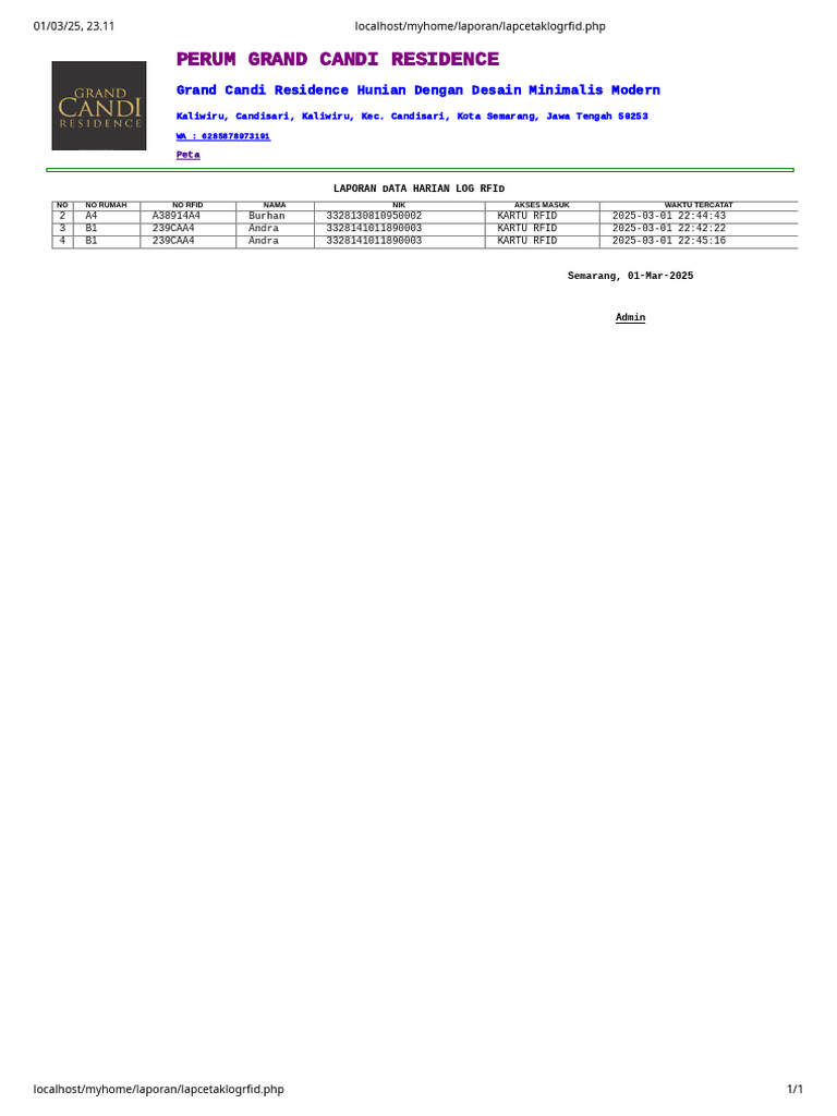 Laporan Harian Log RFID Grand Candi | PDF