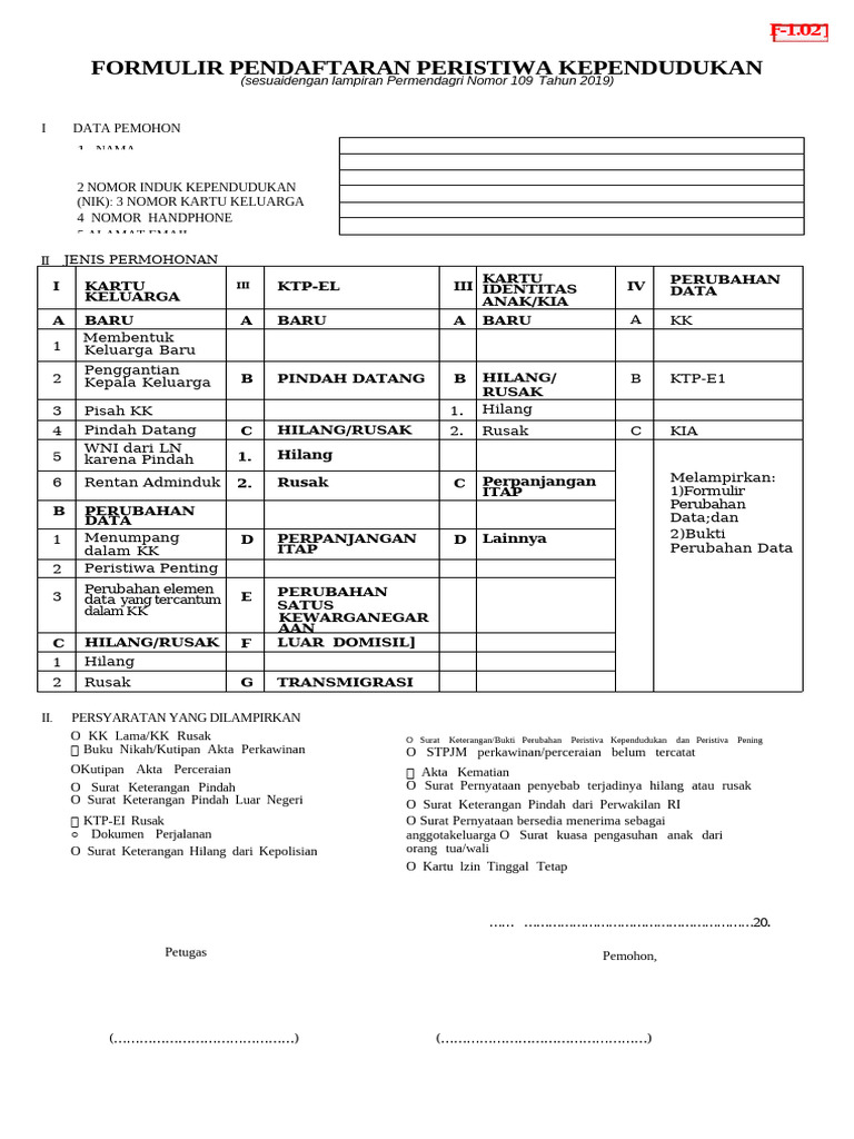Formulir Pendaftaran Adminduk F1.02 | PDF