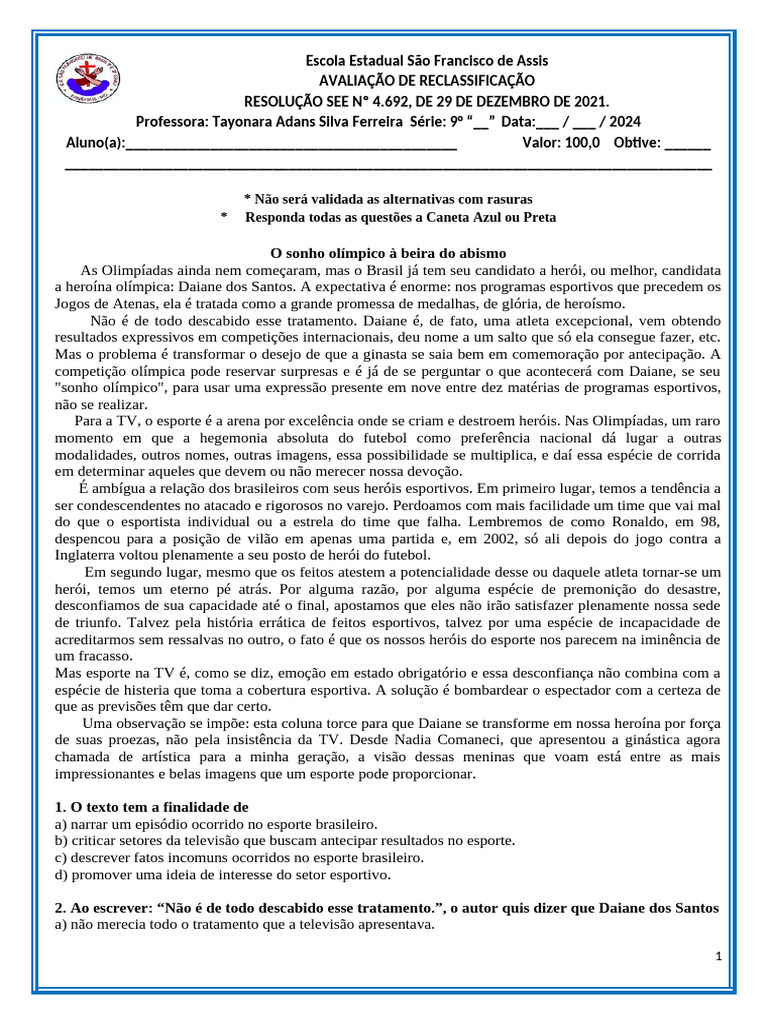 Avaliação de Reclassificação Escolar | PDF