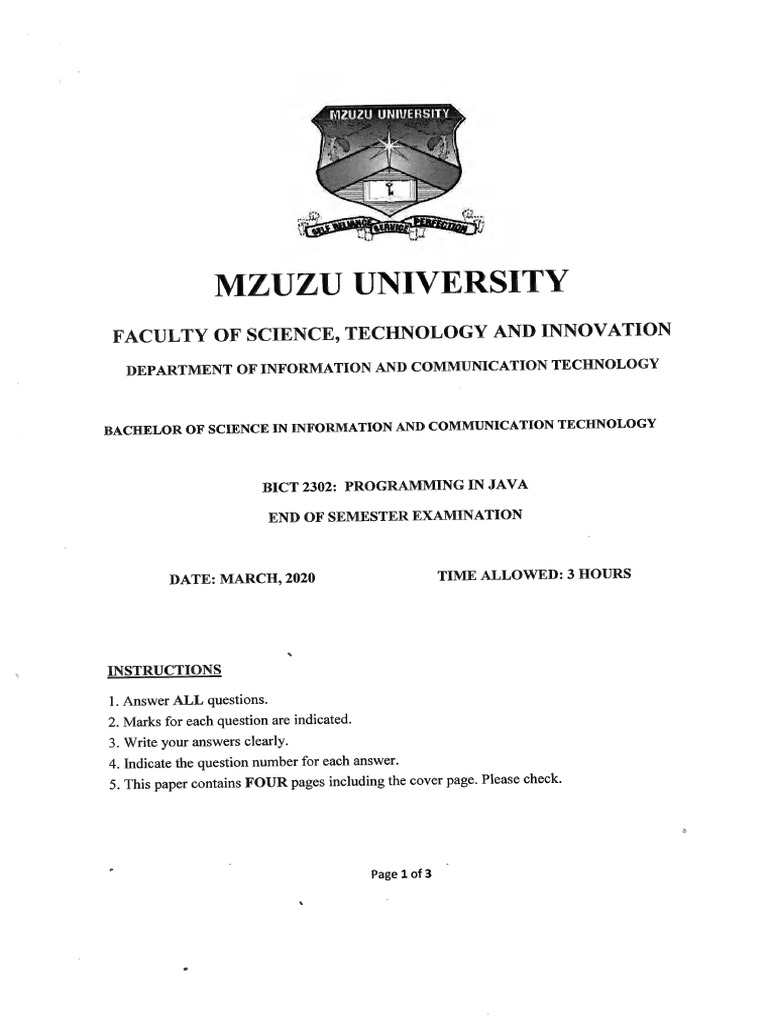 Programming in Java End of Semester Exam March 2020 | PDF