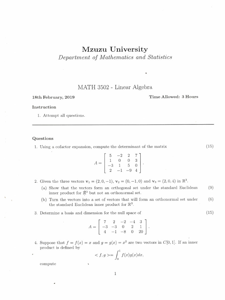 linear-algebra-end-of-semester-examination-february-2019 | PDF