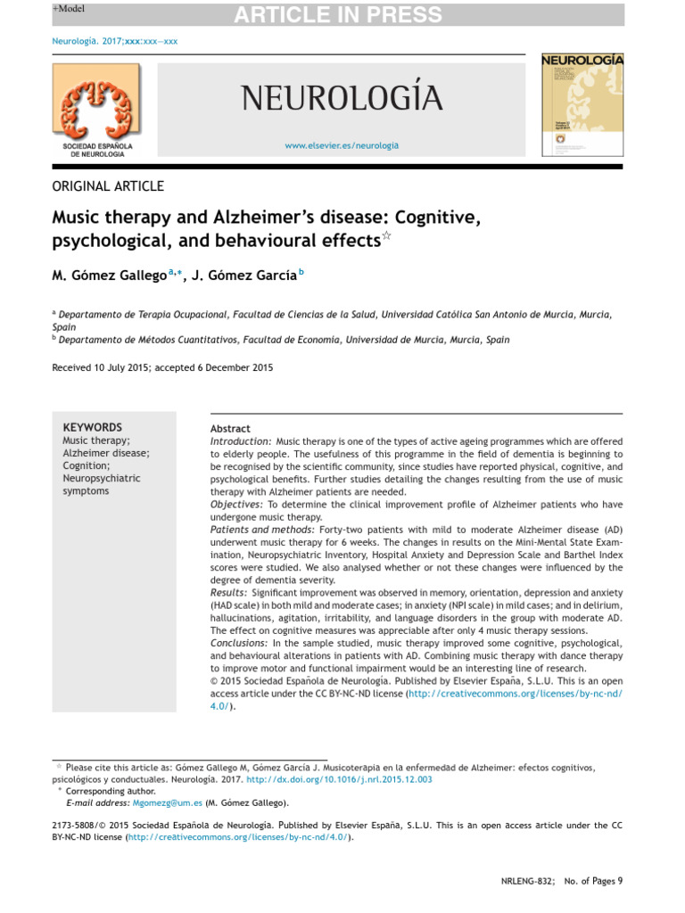 Music Therapy and Alzheimers Disease Cognitive Ps | PDF | Dementia ...