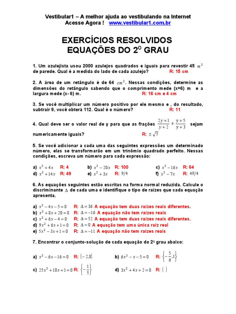 Exercicios Resolvidos Equacao 2 Grau 0 | PDF