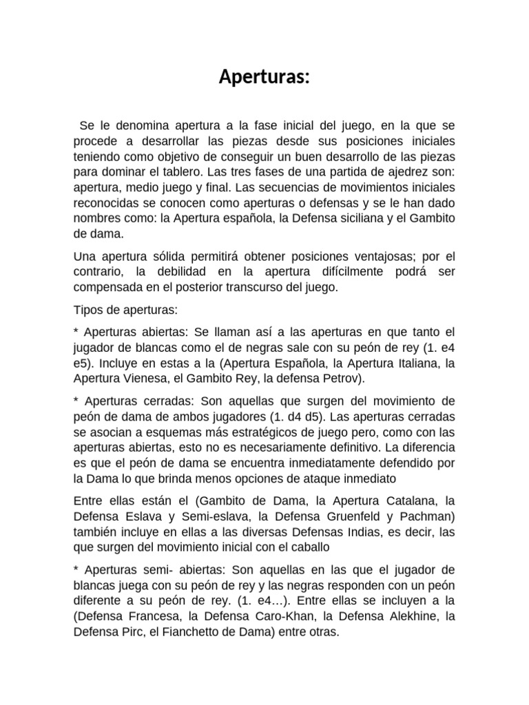 Tipos de Aperturas en Ajedrez | PDF | Aperturas de ajedrez | Juegos de ...