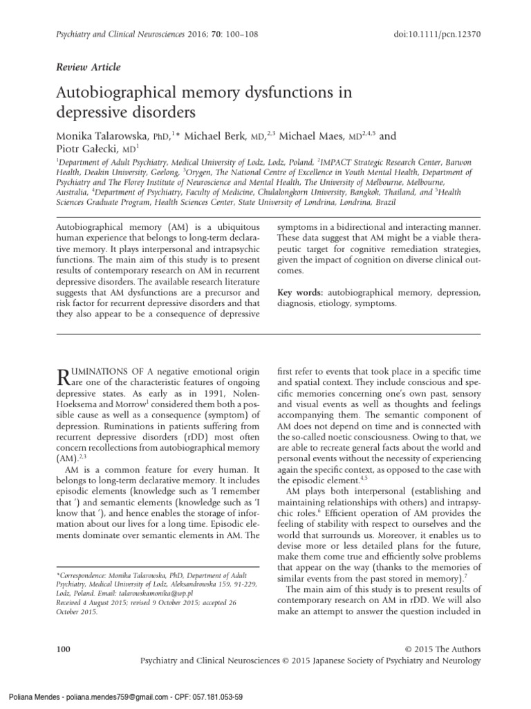 Autobiographical Memory and Depression | PDF | Hypothalamic–Pituitary ...