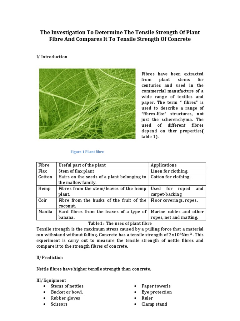 The Investigation to Determine the Tensile Strength of Plant Fibre and