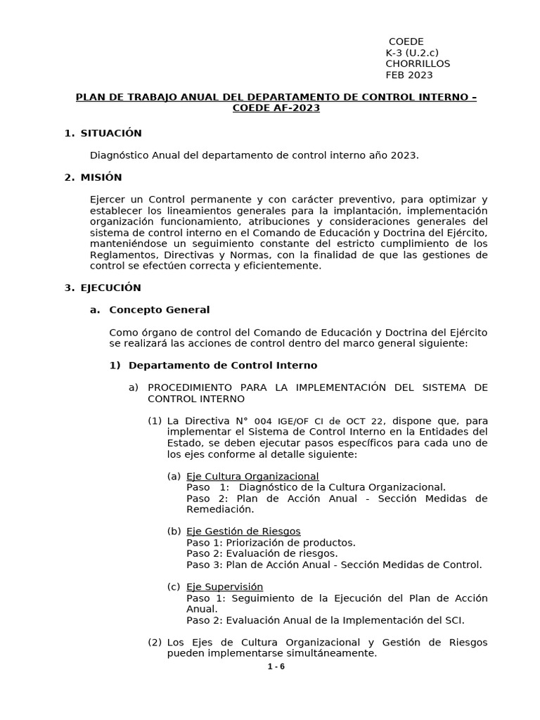 Plan Anual de Control Interno COEDE 2023 | PDF | Presupuesto | Riesgo